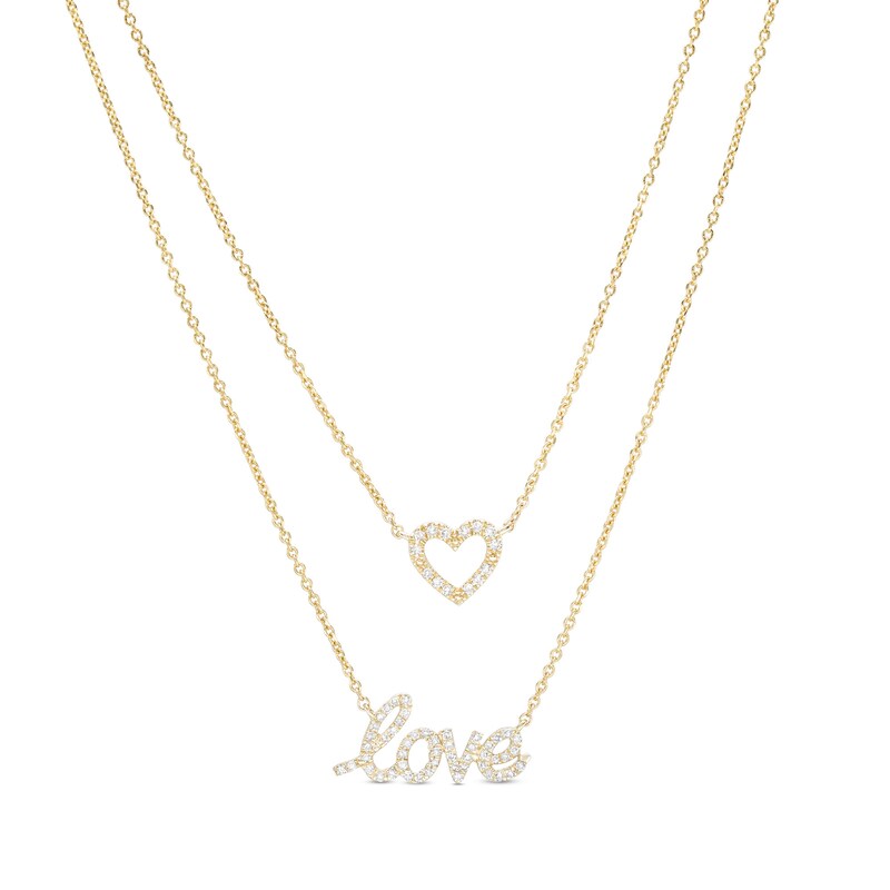 Main Image 1 of Love Talks 1/6 CT. T.W. Diamond "love" Cursive Script and Heart Double Strand Necklace in 10K Gold