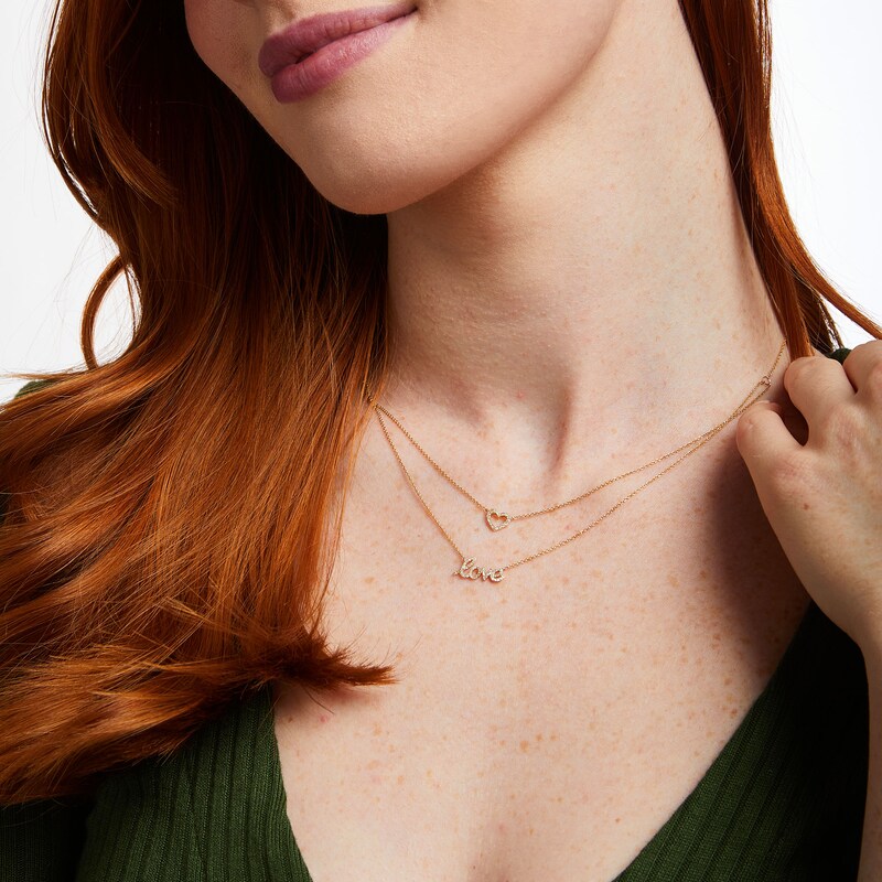 Main Image 2 of Love Talks 1/6 CT. T.W. Diamond "love" Cursive Script and Heart Double Strand Necklace in 10K Gold