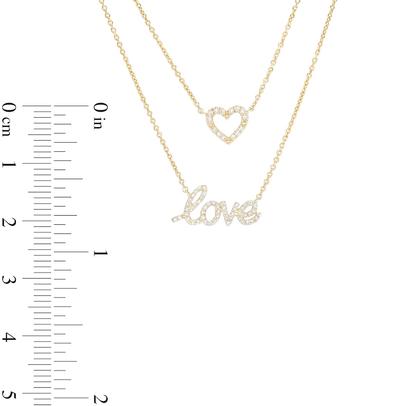 Main Image 3 of Love Talks 1/6 CT. T.W. Diamond "love" Cursive Script and Heart Double Strand Necklace in 10K Gold