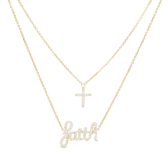 Love Talks 1/5 CT. T.w. Diamond "faith" Cursive Script and Cross Double Strand Necklace in 10K Gold