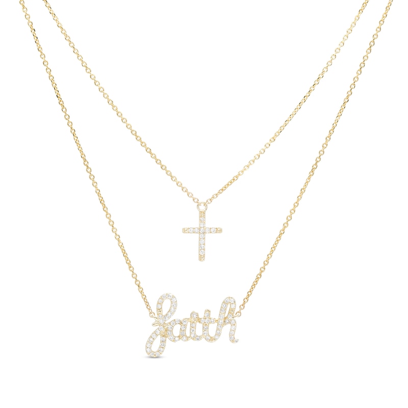 Main Image 1 of Love Talks 1/5 CT. T.W. Diamond "faith" Cursive Script and Cross Double Strand Necklace in 10K Gold