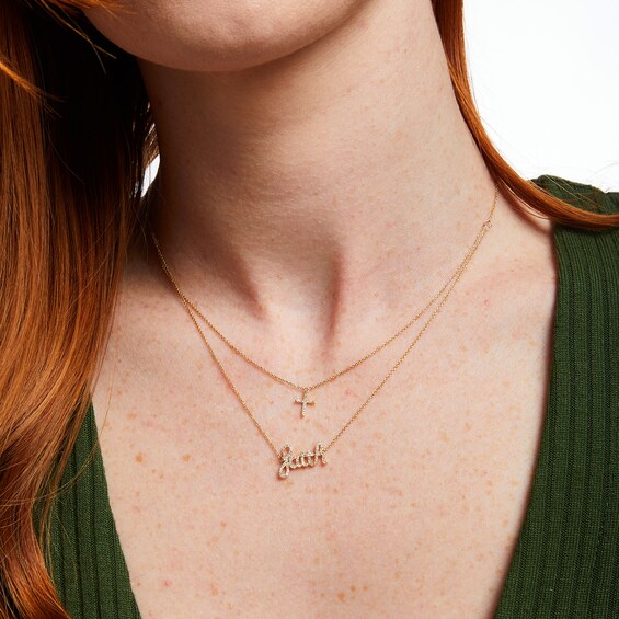 Love Talks 1/5 CT. T.w. Diamond "faith" Cursive Script and Cross Double Strand Necklace in 10K Gold