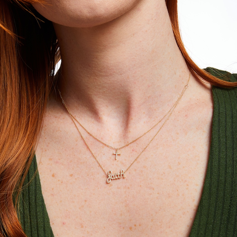 Main Image 2 of Love Talks 1/5 CT. T.W. Diamond "faith" Cursive Script and Cross Double Strand Necklace in 10K Gold