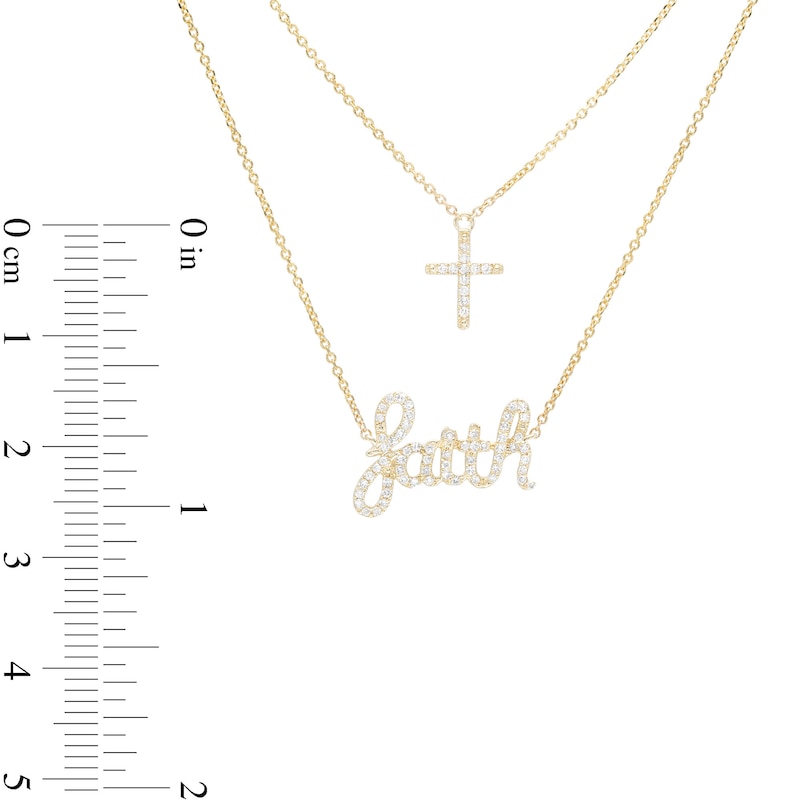 Main Image 3 of Love Talks 1/5 CT. T.W. Diamond "faith" Cursive Script and Cross Double Strand Necklace in 10K Gold