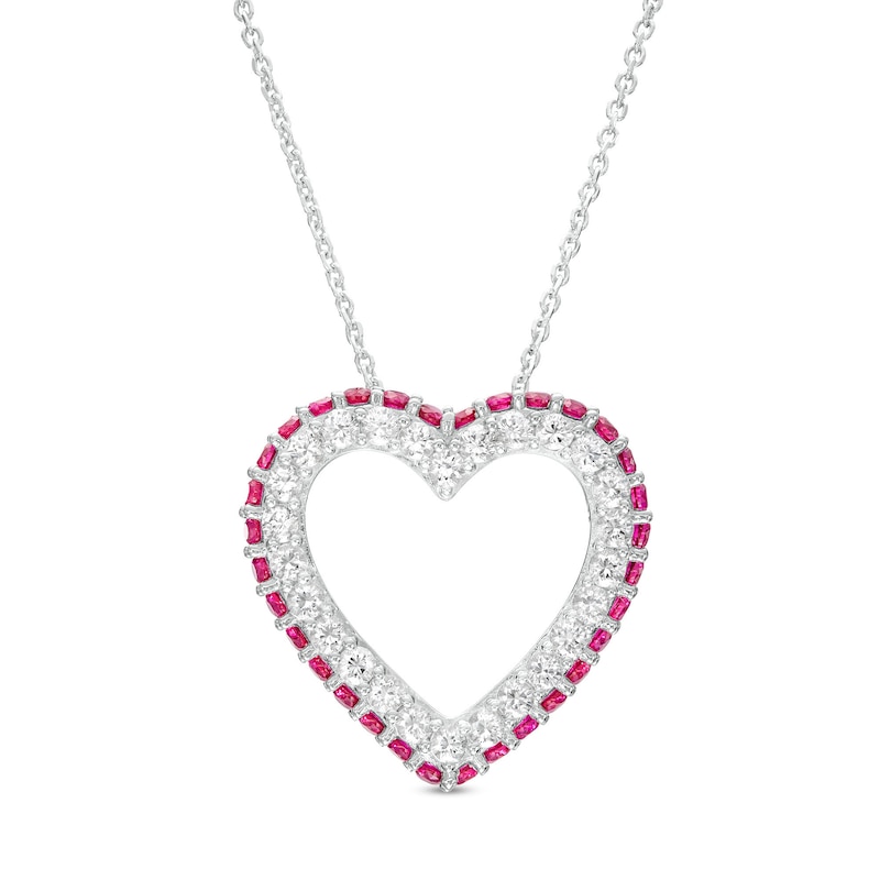 Main Image 1 of White Lab-Created Sapphire and Lab-Created Ruby Outer Edge Heart Outline Pendant in Sterling Silver