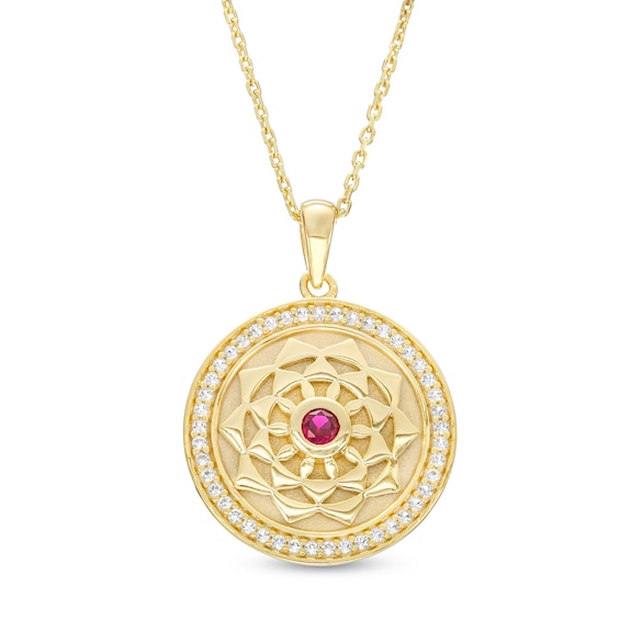 Lab-Created Ruby and White Lab-Created Sapphire Frame Flower Medallion Pendant in Sterling Silver with 10K Gold Plate