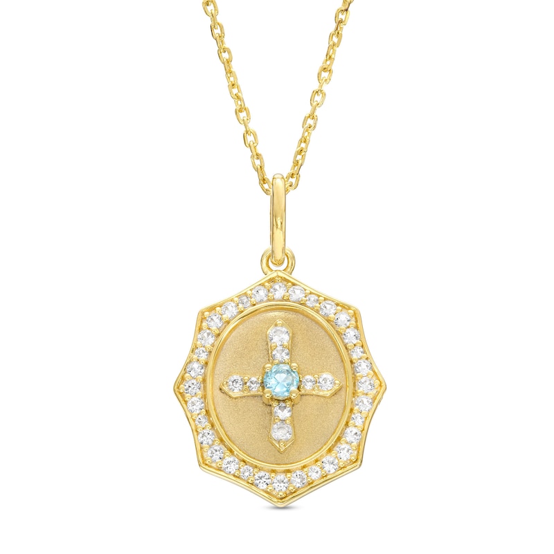 Main Image 1 of Swiss Blue Topaz and White Lab-Created Sapphire Concave Oval Medallion Pendant in Sterling Silver with 10K Gold Plate