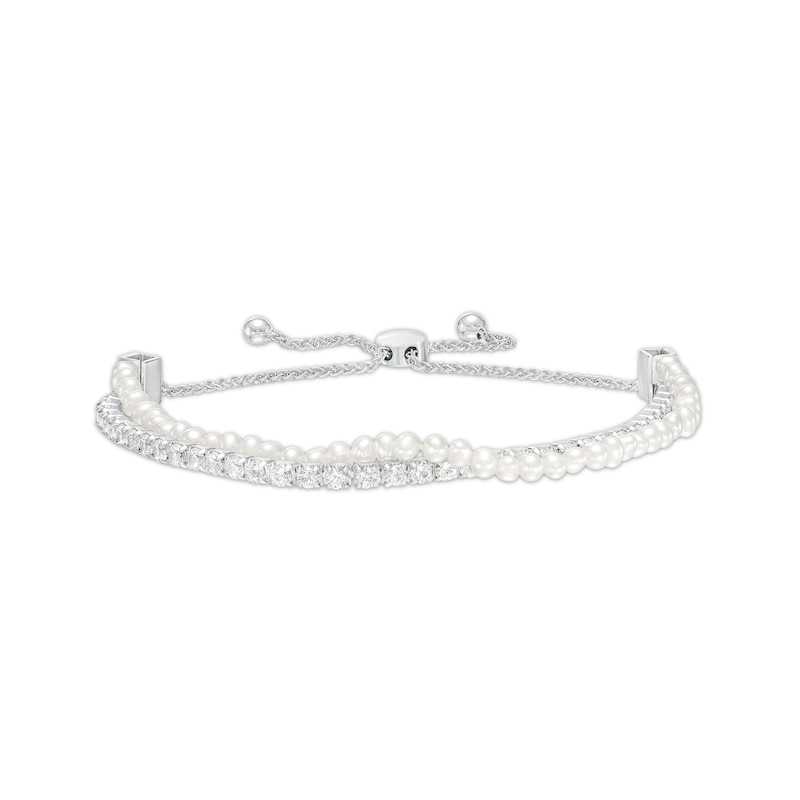 Freshwater Cultured Pearl Strand and White Lab-Created Sapphire Line Double Row Bolo Bracelet in Sterling Silver-9.0"