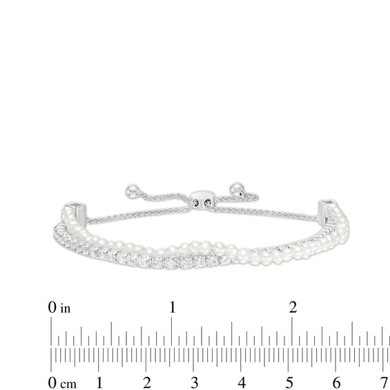 Freshwater Cultured Pearl Strand and White Lab-Created Sapphire Line Double Row Bolo Bracelet in Sterling Silver-9.0"