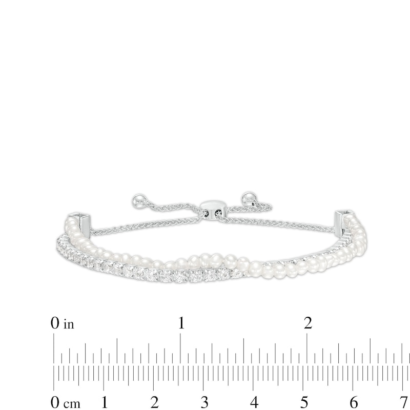 Freshwater Cultured Pearl Strand and White Lab-Created Sapphire Line Double Row Bolo Bracelet in Sterling Silver-9.0"