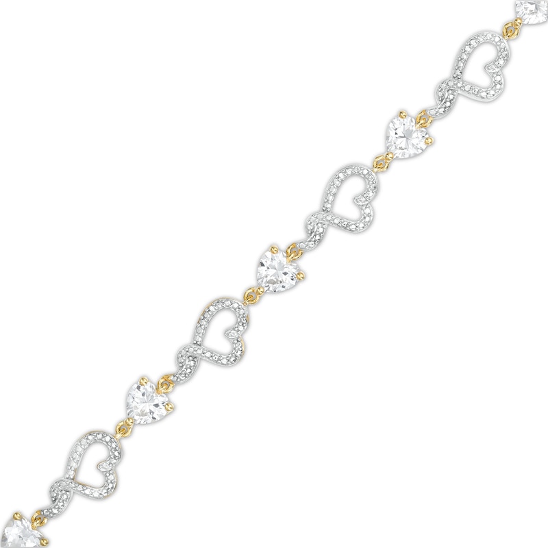 Main Image 1 of Heart-Shaped White Lab-Created Sapphire and Diamond Accent Beaded Heart Bracelet in Sterling Silver and 10K Gold Plate