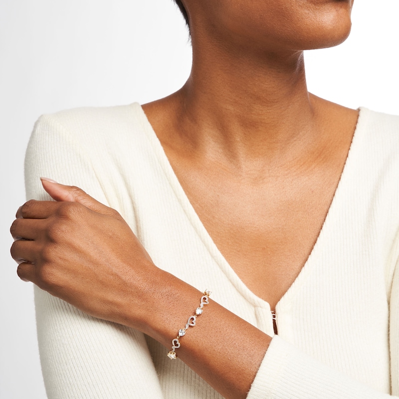 Heart-Shaped White Lab-Created Sapphire and Diamond Accent Beaded Heart Bracelet in Sterling Silver and 10K Gold Plate