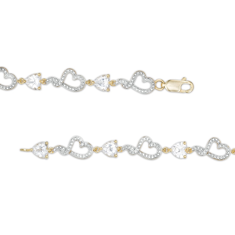 Main Image 3 of Heart-Shaped White Lab-Created Sapphire and Diamond Accent Beaded Heart Bracelet in Sterling Silver and 10K Gold Plate