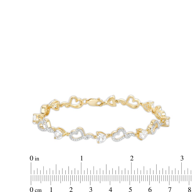 Main Image 4 of Heart-Shaped White Lab-Created Sapphire and Diamond Accent Beaded Heart Bracelet in Sterling Silver and 10K Gold Plate