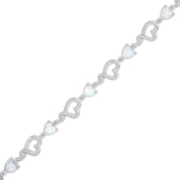 5.0mm Heart-Shaped Lab-Created Opal and Diamond Accent Beaded Abstract Ribbon Heart Bracelet in Sterling Silver - 7.25&quot;