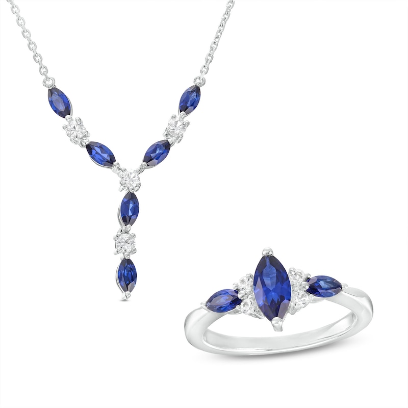 Marquise Blue and White Lab-Created Sapphire "Y" Necklace and Three Stone Ring Set in Sterling Silver - Size 7