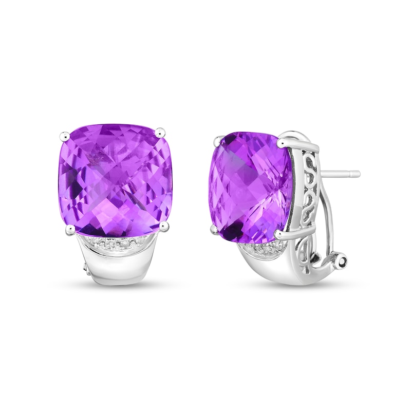 Main Image 1 of 14.0mm Checkerboard Cushion-Shaped Amethyst and 1/20 CT. T.W. Diamond Hoop Earrings in Sterling Silver