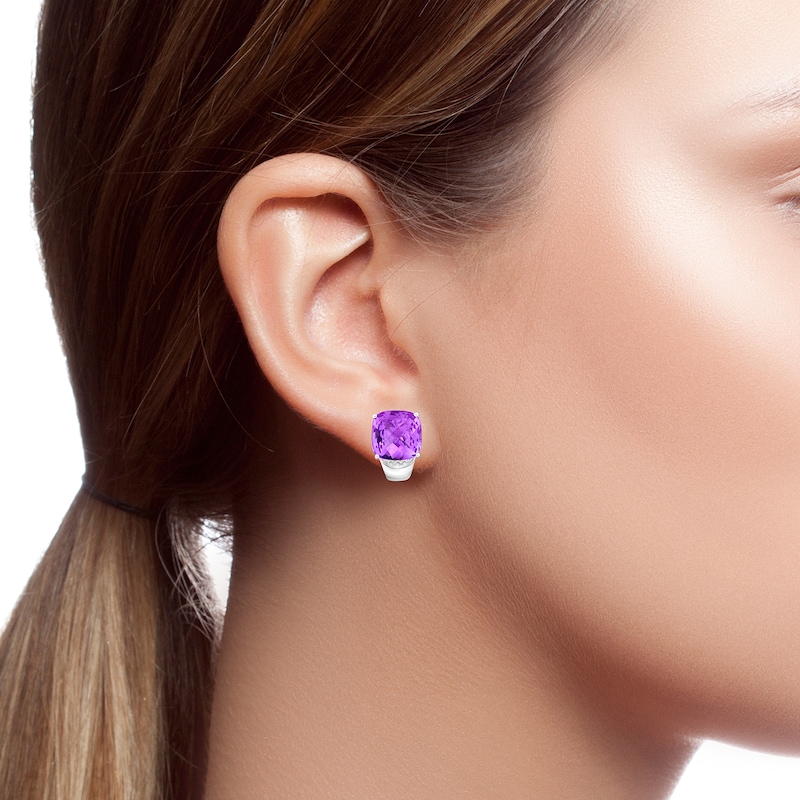 Main Image 2 of 14.0mm Checkerboard Cushion-Shaped Amethyst and 1/20 CT. T.W. Diamond Hoop Earrings in Sterling Silver