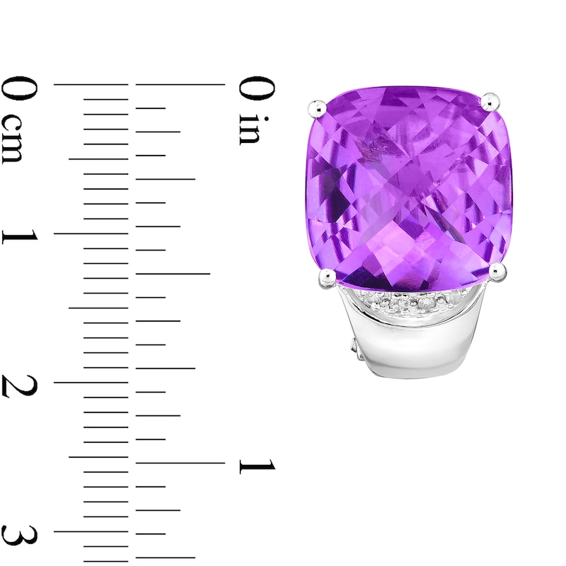 Main Image 3 of 14.0mm Checkerboard Cushion-Shaped Amethyst and 1/20 CT. T.W. Diamond Hoop Earrings in Sterling Silver