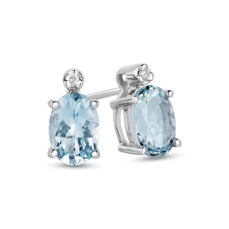 Main Image 1 of Oval Aquamarine and Diamond Accent Stud Earrings in 14K White Gold
