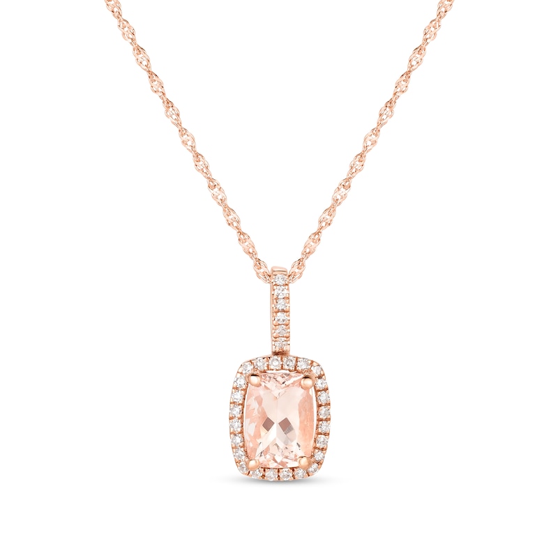 Main Image 1 of Cushion-Cut Morganite and 1/8 CT. T.W. Diamond Frame Pendant in 14K Rose Gold