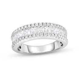 Princess-Cut White Sapphire and 1/3 CT. T.W. Diamond Triple Row Wedding Band in 14K White Gold