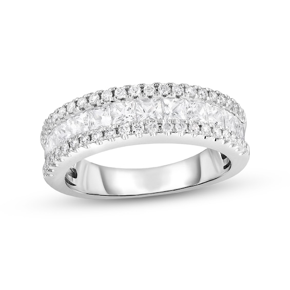 Princess-Cut White Sapphire and 1/3 CT. T.w. Diamond Triple Row Wedding Band in 14K White Gold