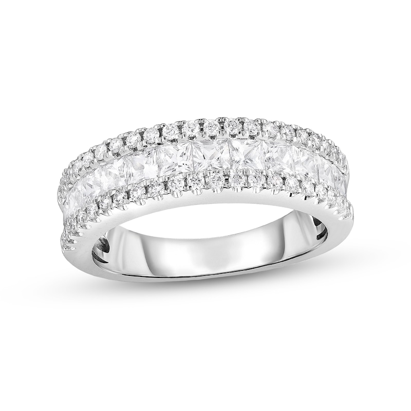 Main Image 1 of Princess-Cut White Sapphire and 1/3 CT. T.W. Diamond Triple Row Wedding Band in 14K White Gold
