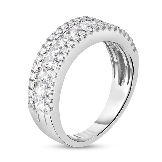 Princess-Cut White Sapphire and 1/3 CT. T.w. Diamond Triple Row Wedding Band in 14K White Gold
