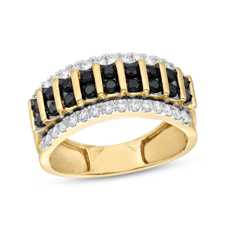 Main Image 1 of Men's 1 CT. T.W. Black and White Diamond Edge Raised Double Row Ring in 10K Gold