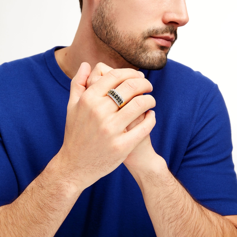 Main Image 2 of Men's 1 CT. T.W. Black and White Diamond Edge Raised Double Row Ring in 10K Gold