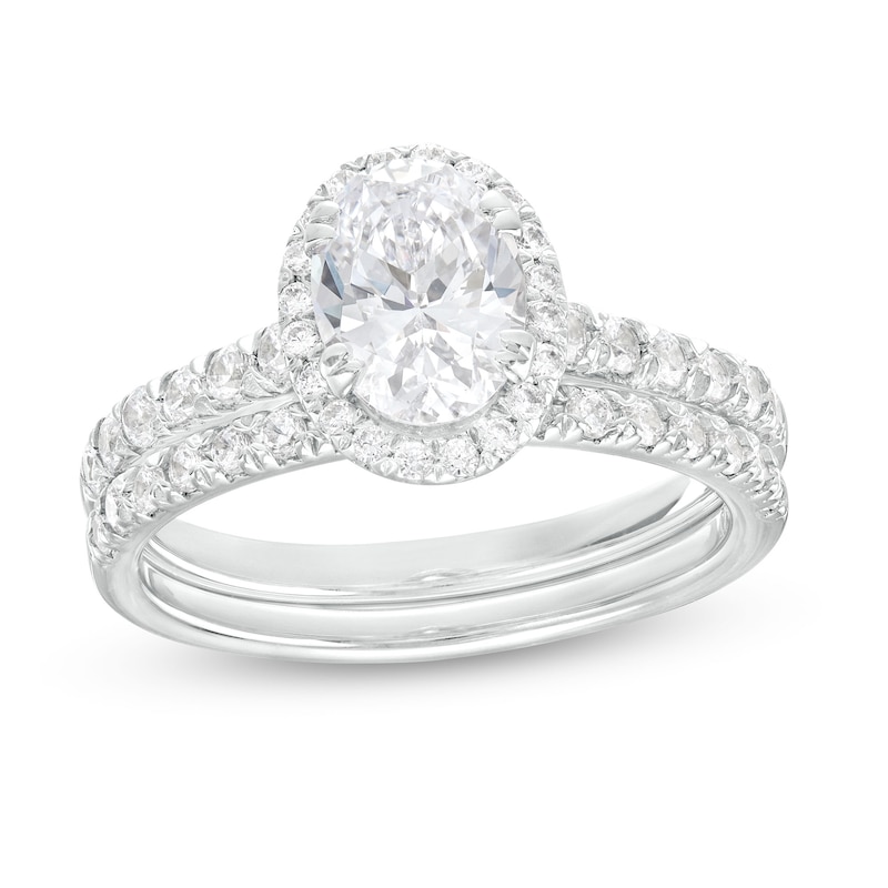 Main Image 1 of 1-3/4 CT. T.W. Certified Oval Lab-Grown Diamond Frame Bridal Set in 14K White Gold (I/SI2)