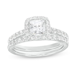 1-3/4 CT. T.W. Certified Princess-Cut Lab-Grown Diamond&nbsp;Cushion Frame Bridal Set in 14K White Gold (I/SI2)