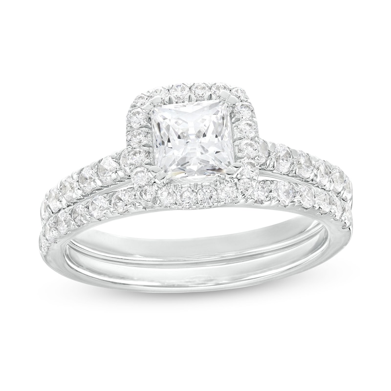 Main Image 1 of 1-3/4 CT. T.W. Certified Princess-Cut Lab-Grown Diamond Cushion Frame Bridal Set in 14K White Gold (I/SI2)
