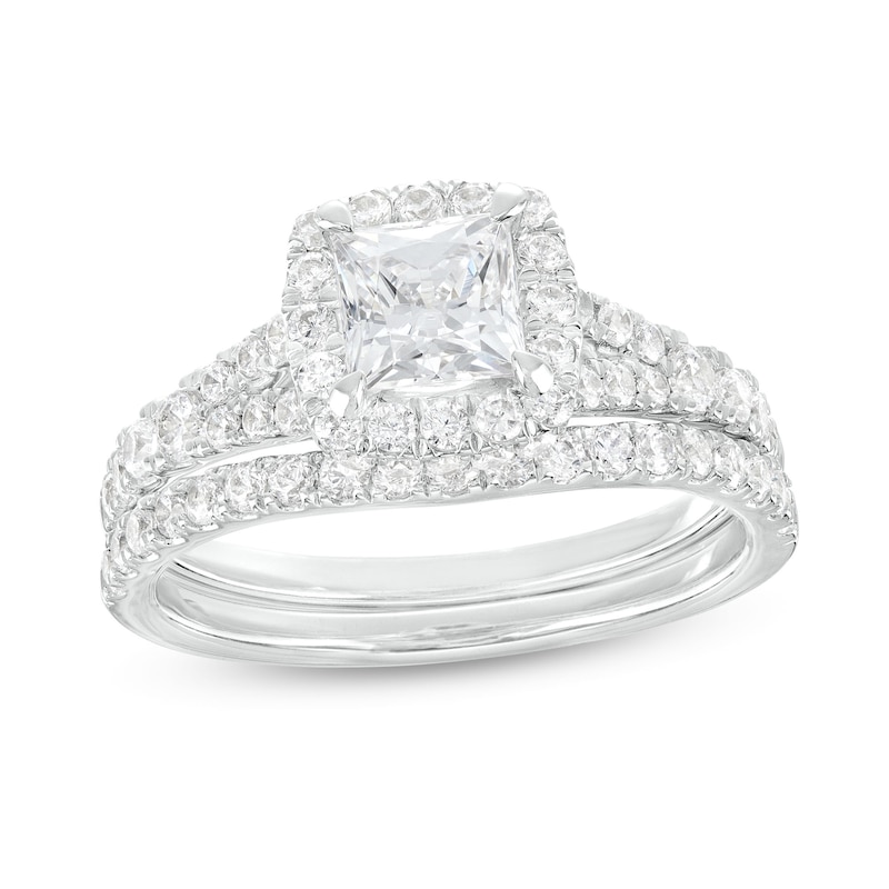 Main Image 1 of 1-7/8 CT. T.W. Certified Princess-Cut Lab-Grown Diamond Cushion Frame Split Shank Bridal Set in 14K White Gold (I/SI2)