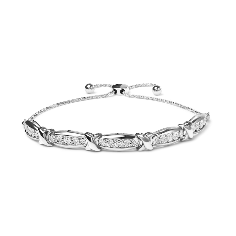 1/10 CT. T.W. Diamond Five Stone and "X" Station Bolo Bracelet in Sterling Silver - 10.5"