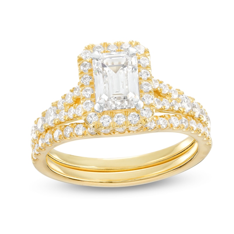 Main Image 1 of 1-7/8 CT. T.W. Certified Emerald-Cut Lab-Grown Diamond Frame Split Shank Bridal Set in 14K Gold (I/SI2)