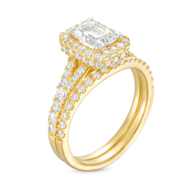 Main Image 3 of 1-7/8 CT. T.W. Certified Emerald-Cut Lab-Grown Diamond Frame Split Shank Bridal Set in 14K Gold (I/SI2)