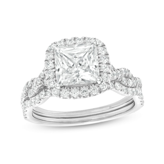 2-5/8 CT. T.w. Certified Princess-Cut Lab-Grown Diamond Cushion Frame Twist Bridal Set in 14K White Gold (I/Si2)