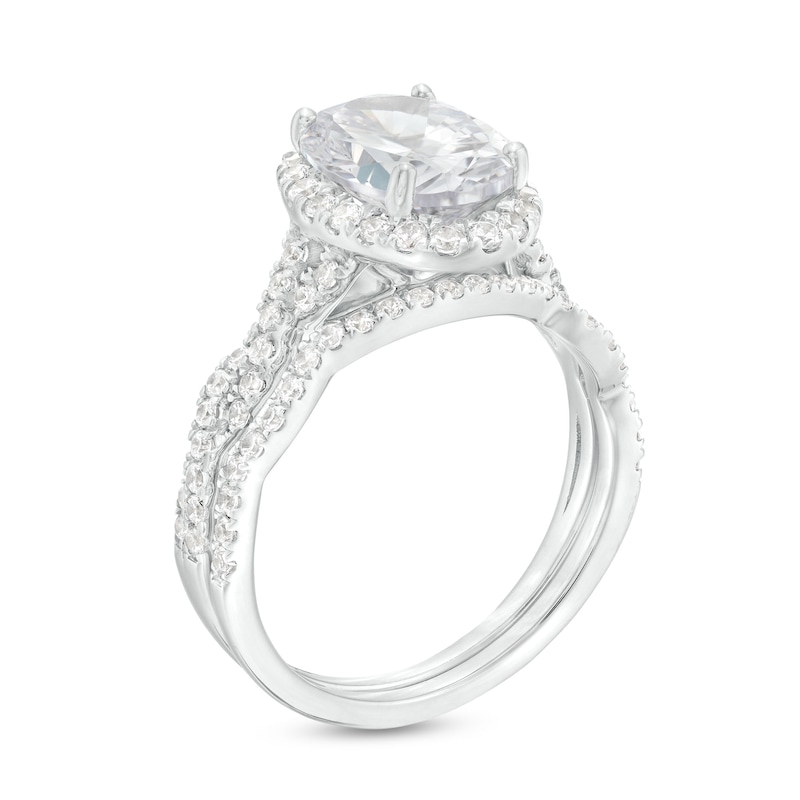 Main Image 3 of 2-5/8 CT. T.W. Certified Oval Lab-Grown Diamond Frame Twist Shank Bridal Set in 14K White Gold (I/SI2)