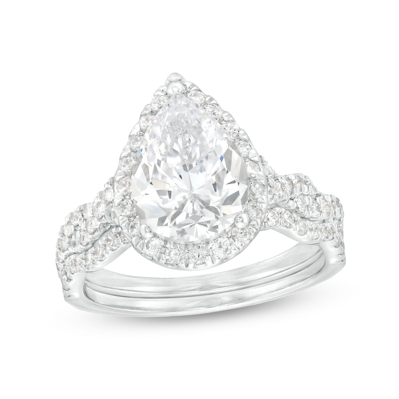 Main Image 1 of 2-5/8 CT. T.W. Certified Pear-Shaped Lab-Grown Diamond Frame Twist Shank Bridal Set in 14K White Gold (I/SI2)