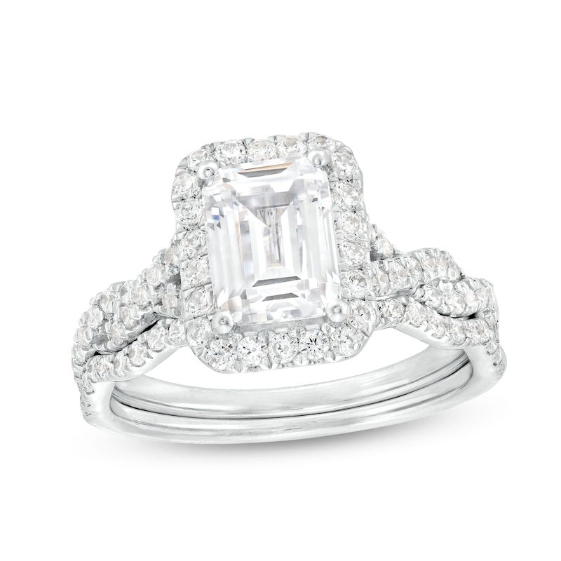Main Image 1 of 2-5/8 CT. T.W. Certified Emerald-Cut Lab-Grown Diamond Frame Twist Shank Bridal Set in 14K White Gold (I/SI2)