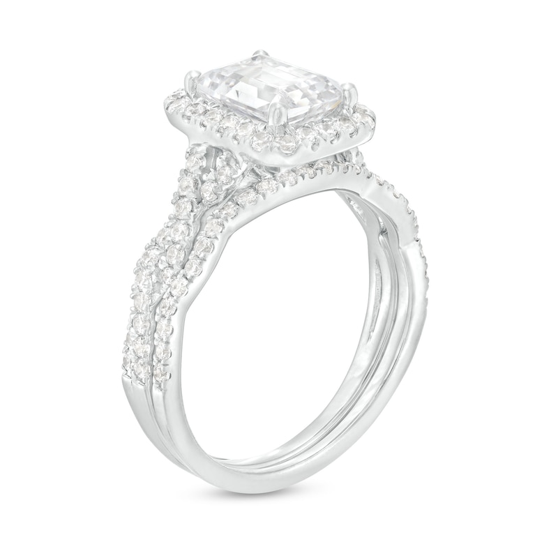 Main Image 3 of 2-5/8 CT. T.W. Certified Emerald-Cut Lab-Grown Diamond Frame Twist Shank Bridal Set in 14K White Gold (I/SI2)