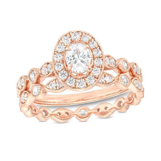 1 CT. T.w. Oval Diamond Frame Vintage-Style Art Deco Shank Bridal Set in 14K Rose Gold