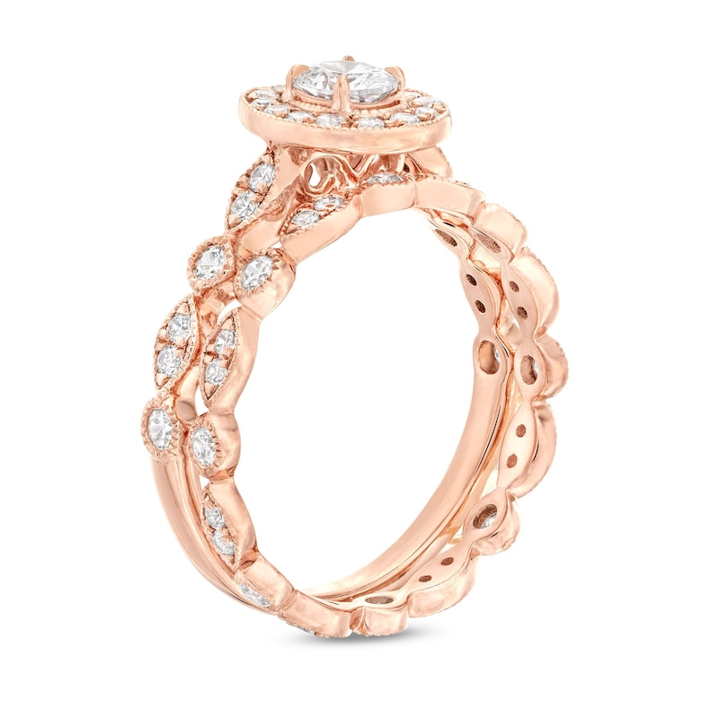 Main Image 3 of 1 CT. T.W. Oval Diamond Frame Vintage-Style Art Deco Shank Bridal Set in 14K Rose Gold