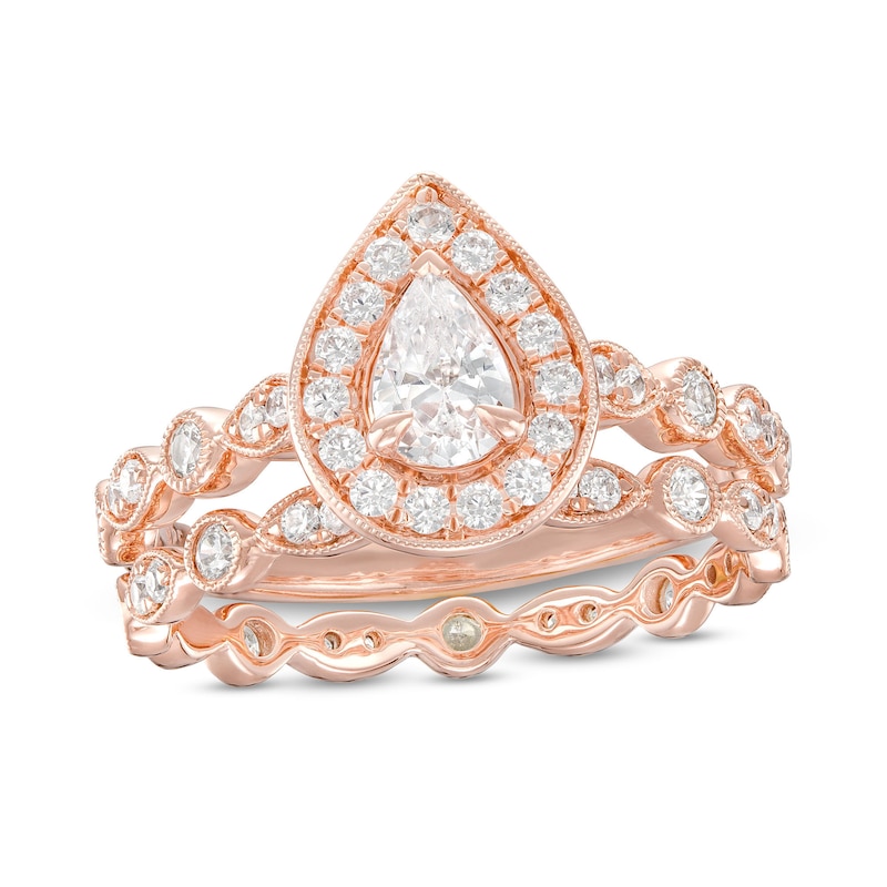 Main Image 1 of 1 CT. T.W. Pear-Shaped Diamond Frame Vintage-Style Art Deco Shank Bridal Set in 14K Rose Gold