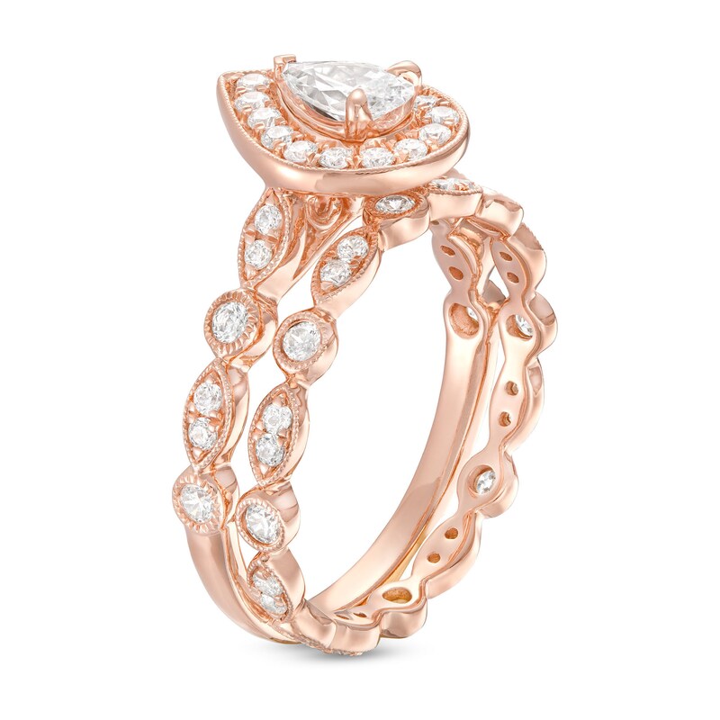 Main Image 3 of 1 CT. T.W. Pear-Shaped Diamond Frame Vintage-Style Art Deco Shank Bridal Set in 14K Rose Gold