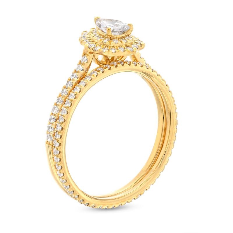 Main Image 3 of 1 CT. T.W. Pear-Shaped Diamond Double Scallop Frame Bridal Set in 14K Gold