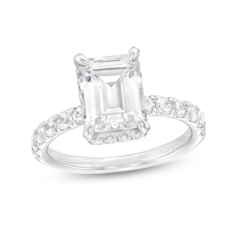 Main Image 1 of 3-7/8 CT. T.W. Certified Emerald-Cut Lab-Grown Diamond Hidden Frame Engagement Ring in 14K White Gold (I/SI2)