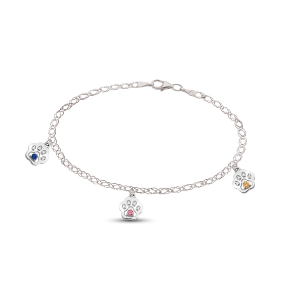 Gemstone and Diamond Accent Paw Print Charm Bracelet (1-5 Stones)